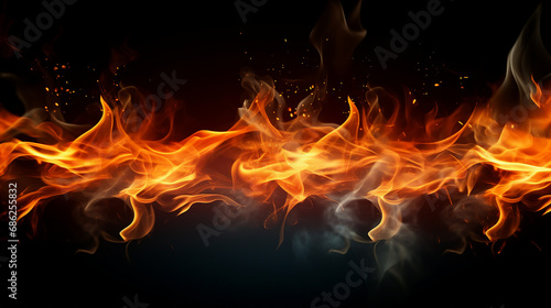 Vibrant Translucent Flames and Sparks: A Dynamic Display of Burning Fire in a Horizontal Composition - Creative Background for Festive Celebrations and Energetic Events. © Spear
