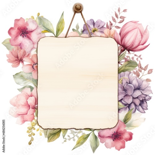 Floral Hanging Wooden Sign Board with Delicate FlowersWatercolor Clipart photo