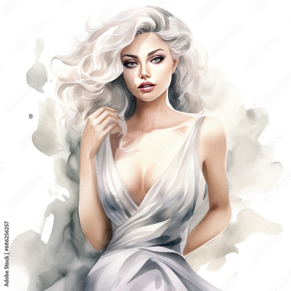 Stunning Watercolor Clipart of a Confident Glamour Girl in a Chic Silver Grey Dress