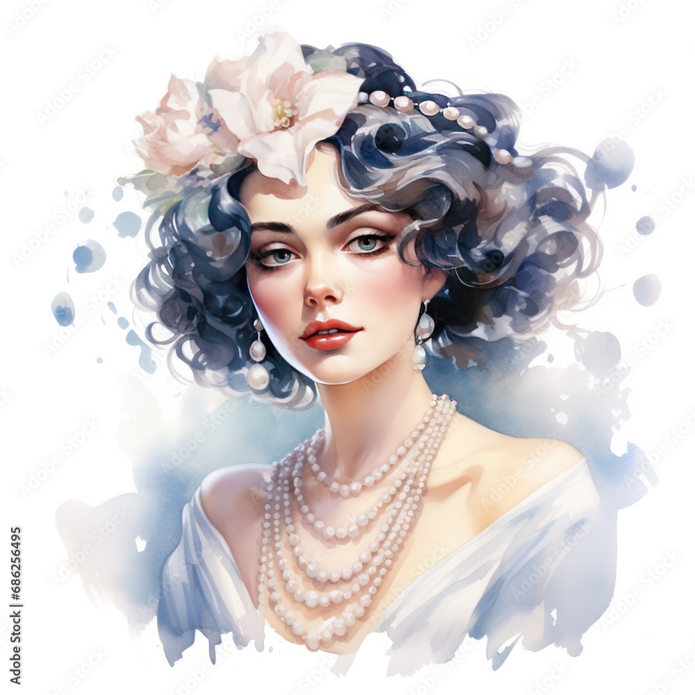 Captivating Watercolor Clipart of a Pearl Jewelry Girl Beauty of Refined Adornments