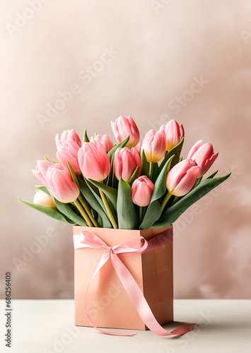 Bouquet of tulips in gift bag on pastel background. Vertical image.