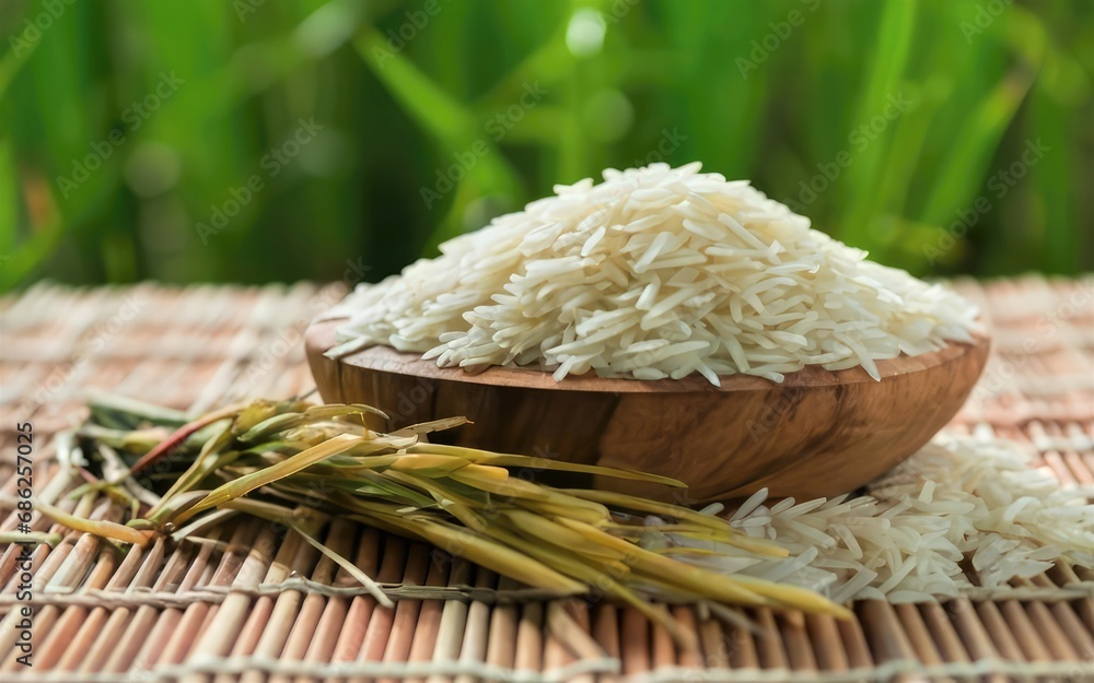 White rice and paddy rice with rice plant background.