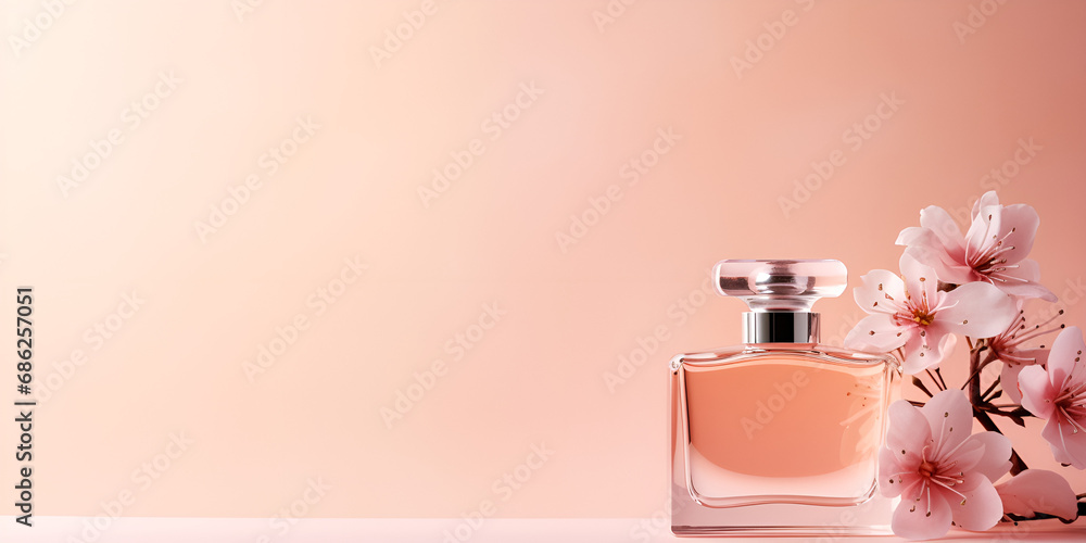 Glass bottle of perfume with beautiful flowers on Pink background place for text. - obrazy, fototapety, plakaty 