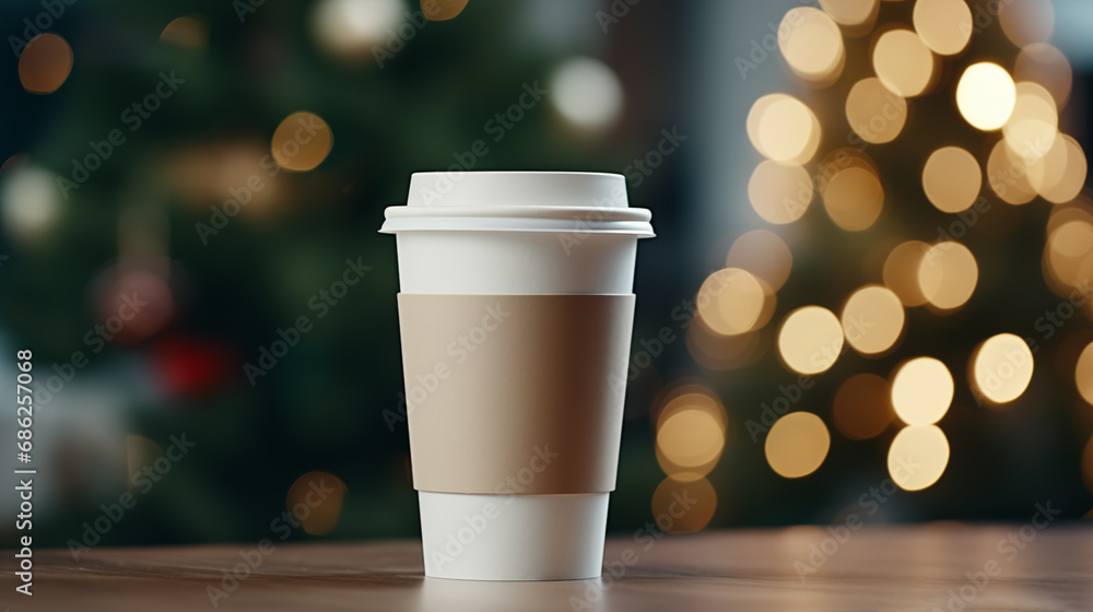 Paper cup with coffee сlose up. Coffee cup. Christmas tree with lights on the background. Holiday season. Time for drink coffee. Coffee to go. Take a break. Disposable paper cup. Mockup. Generated AI Paper cup with coffee сlose up. Coffee cup. Christmas tree with lights on the background. Holiday season. Time for drink coffee. Coffee to go. Take a break. Disposable paper cup. Mockup. Generated AI