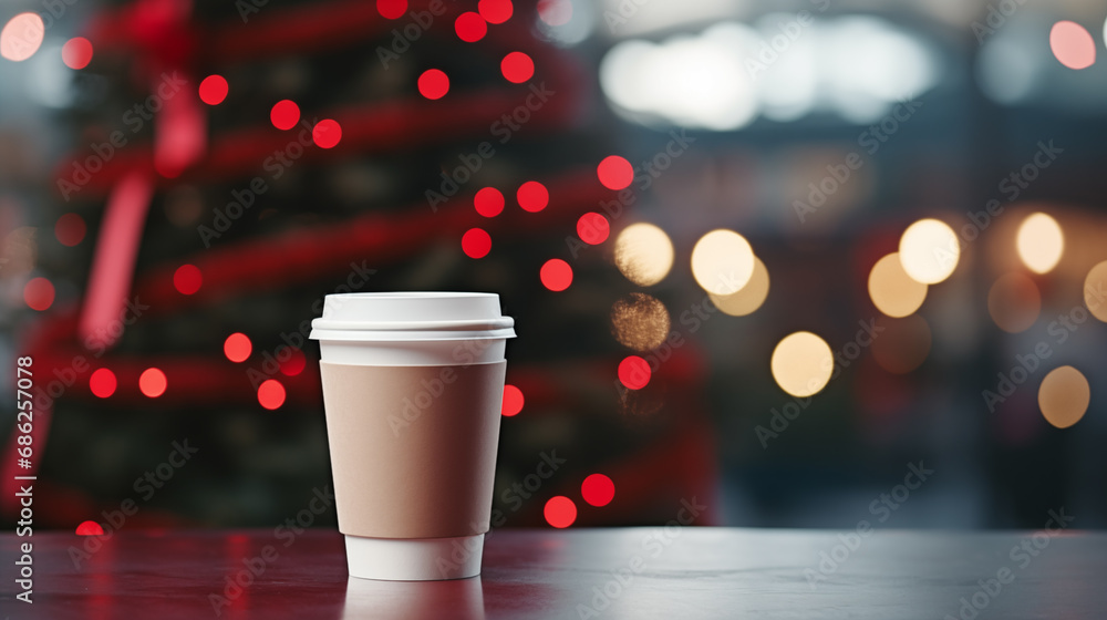 Paper cup with coffee сlose up. Coffee cup. Christmas tree with lights on the background. Holiday season. Time for drink coffee. Coffee to go. Take a break. Disposable paper cup. Mockup. Generated AI Paper cup with coffee сlose up. Coffee cup. Christmas tree with lights on the background. Holiday season. Time for drink coffee. Coffee to go. Take a break. Disposable paper cup. Mockup. Generated AI