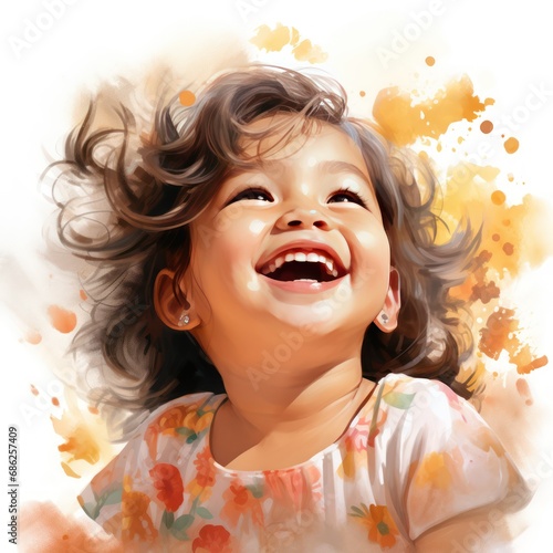 Heartwarming Watercolor Clipart Happy Little Girl's Genuine Smiles & Infectious Laughter
