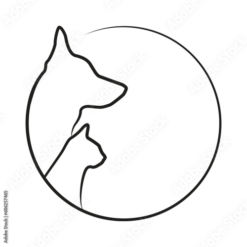 Cat and dog outline profiles in a round shape frame. Minimalist emblem of pet shop. Vector illustration isolated on white background