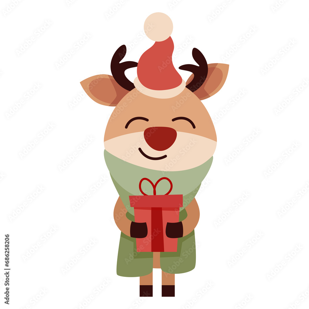 Obraz premium Smiling Christmas reindeer wearing a hat with a gift
