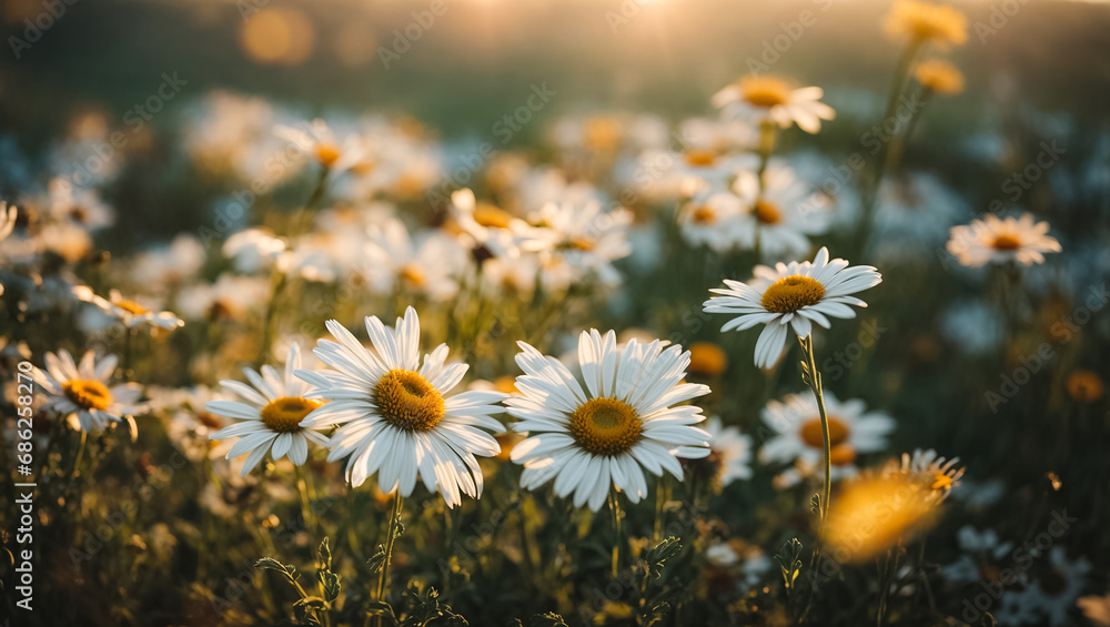 Beautiful summer chamomile flowers on a clearing close-up, background Beautiful summer chamomile flowers on a clearing close-up, background