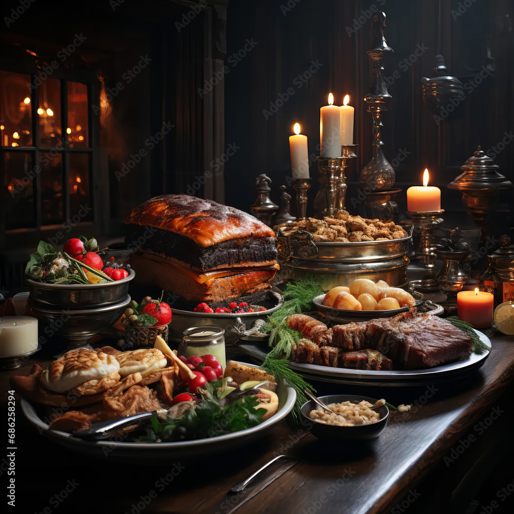 An array of fruits, nuts, and bread, reminiscent of a painting An array of fruits, nuts, and bread, reminiscent of a painting