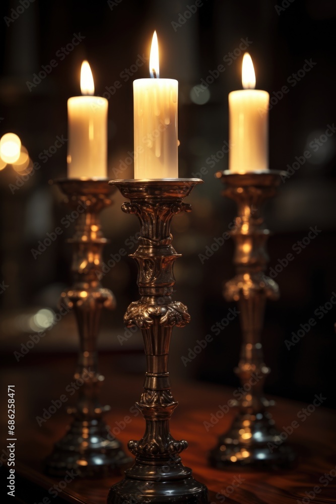 A group of three candles sitting on top of a wooden table. Perfect for creating a cozy and warm atmosphere. A group of three candles sitting on top of a wooden table. Perfect for creating a cozy and warm atmosphere.