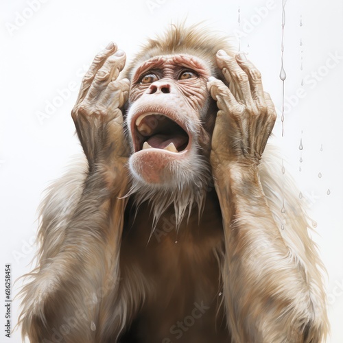 Crying Monkey Waving on White Background with Easy and Searchable Keywords