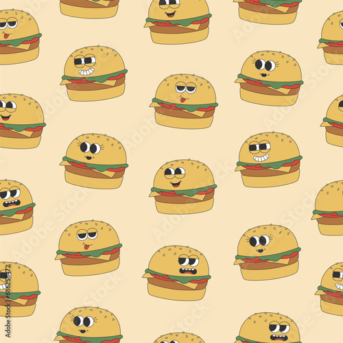 Seamless pattern with groovy hippie burgers. Cartoon characters in trendy retro style on pink background. Vector illustration
