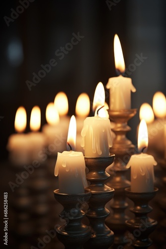 A group of lit candles sitting on top of a table. This image can be used to create a warm and cozy atmosphere for various occasions.