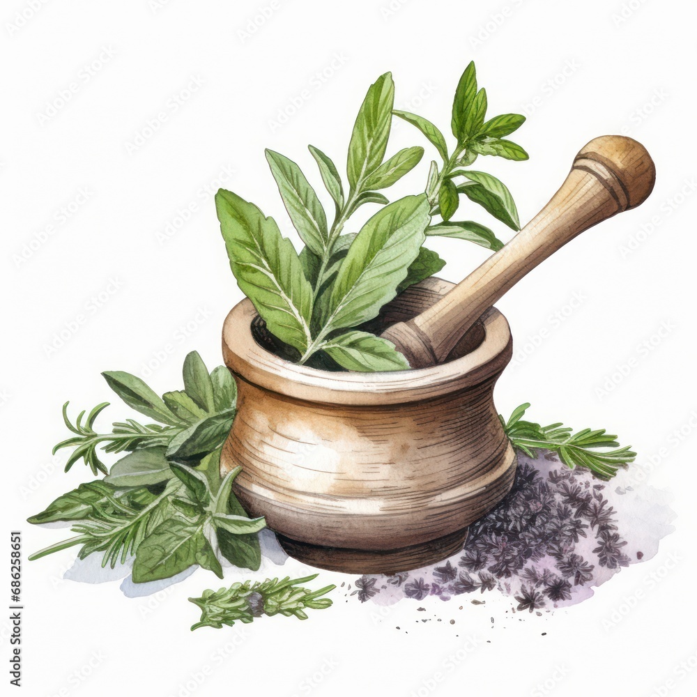 Watercolor Sage Leaves and Rustic Mortar Pestle Clipart