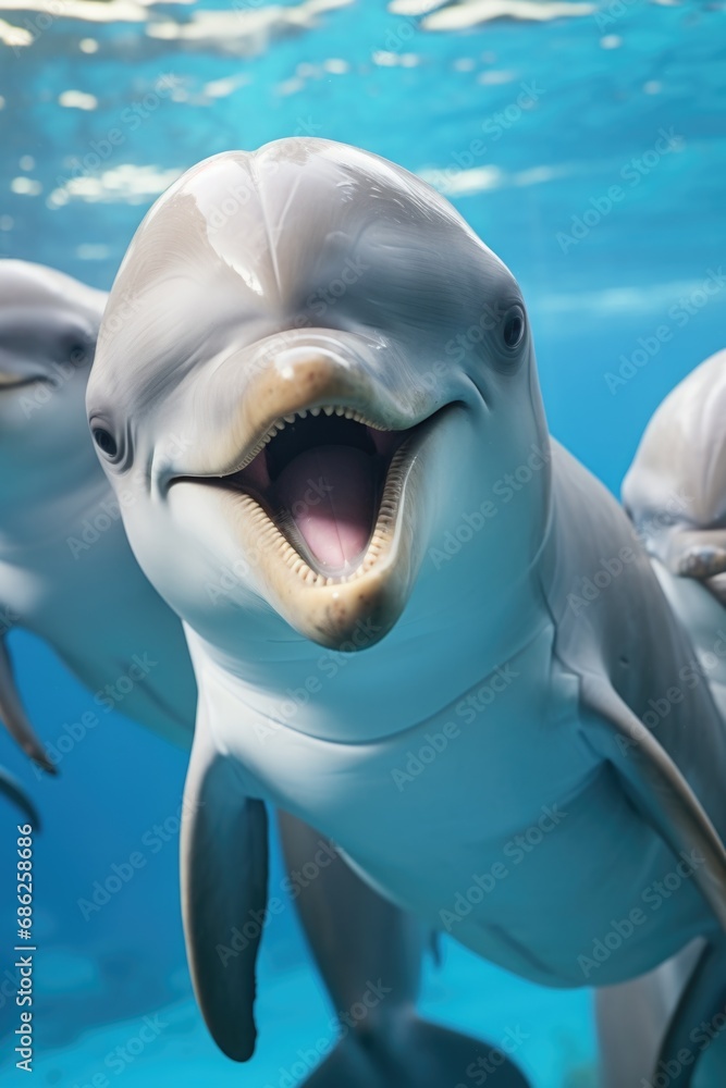 Fototapeta premium A picture of a couple of dolphins swimming in the water. This image can be used to depict the beauty and grace of marine life.