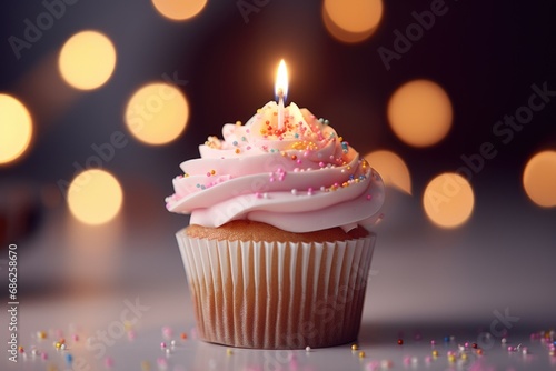 A delicious cupcake with a single lit candle on top. Perfect for birthday celebrations or special occasions. © Fotograf