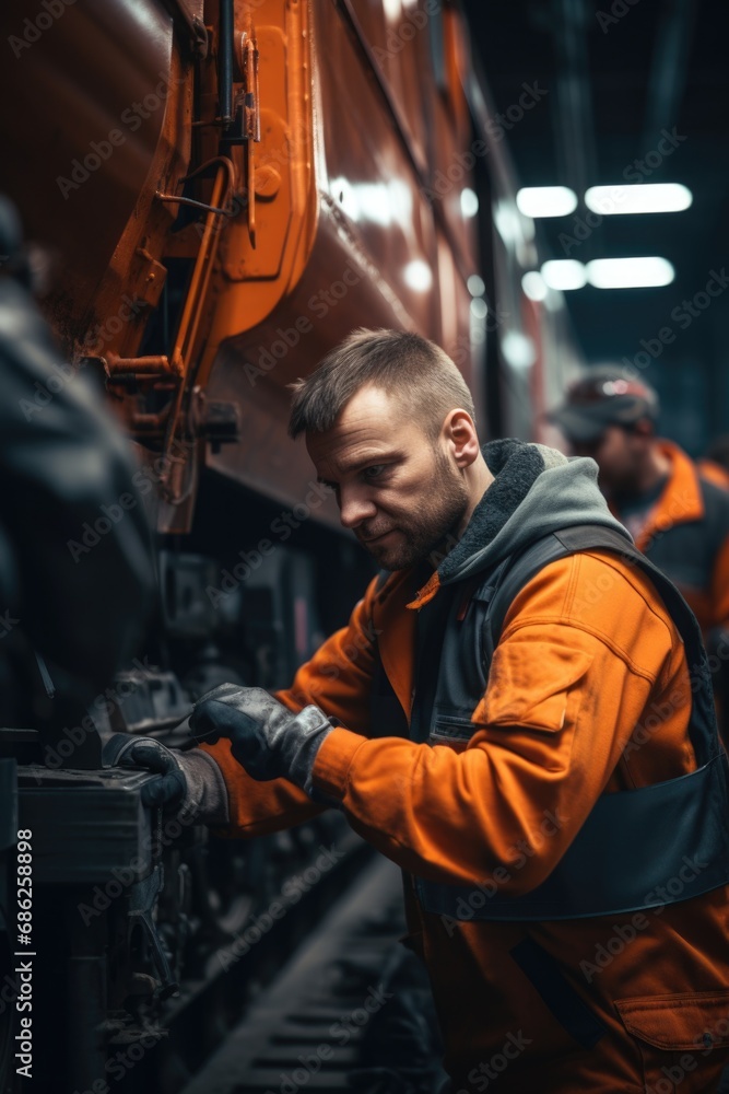 A man in an orange jacket working on a train. Suitable for transportation and industrial themes. A man in an orange jacket working on a train. Suitable for transportation and industrial themes.