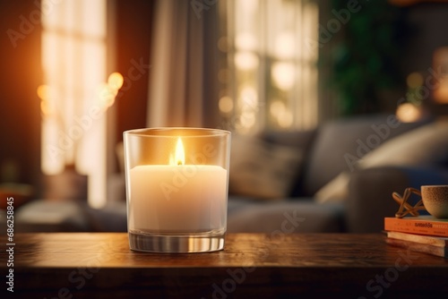 A simple image of a lit candle placed on top of a wooden table. Perfect for adding a warm and cozy atmosphere to any project.