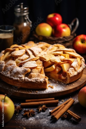 A delicious apple pie with a mouth-watering slice missing. Perfect for food and dessert-related projects.