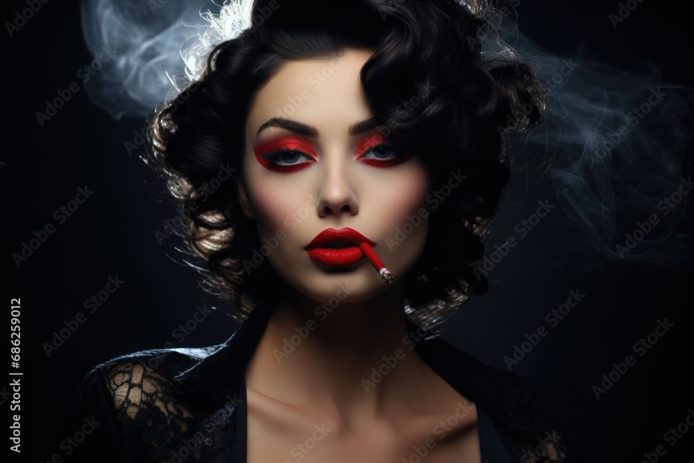 A woman with a cigarette in her mouth. This image can be used to depict smoking, addiction, or rebelliousness.