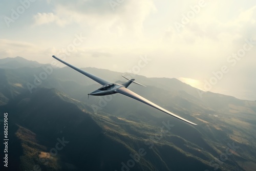 A small airplane is seen flying over a picturesque mountain range. This image can be used to depict adventure, travel, or aerial views.