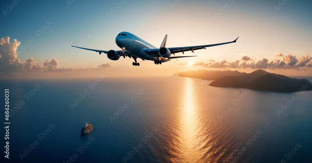 airplane in the sky at sunset, copy space, vacation, holiday trip concept