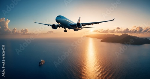 airplane in the sky at sunset, copy space, vacation, holiday trip concept