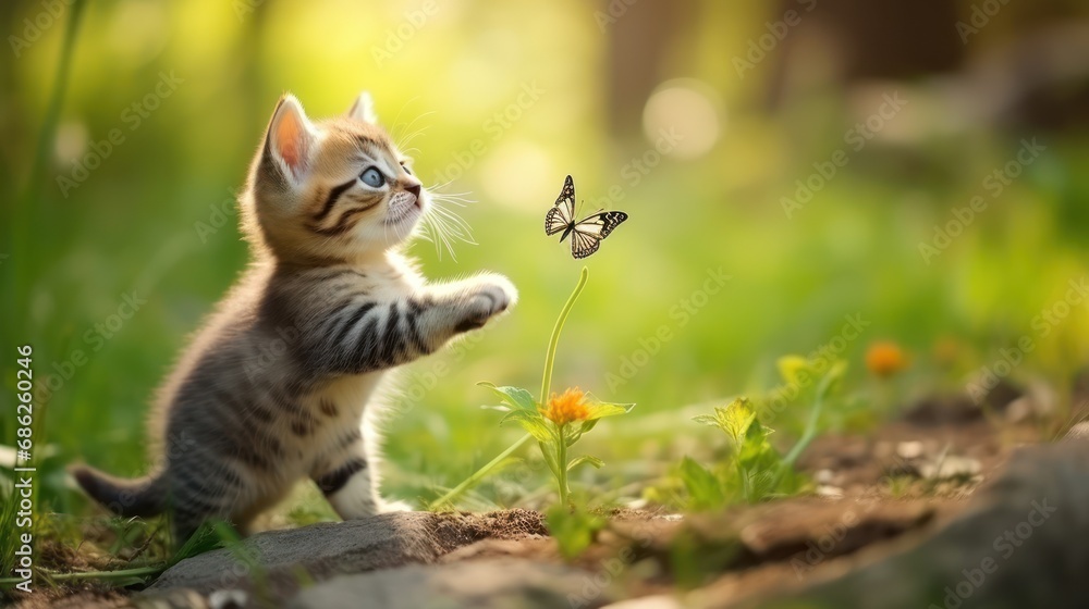 Cute Kitten Tries to Catch Butterfly Adorable Small Cat Playtime
