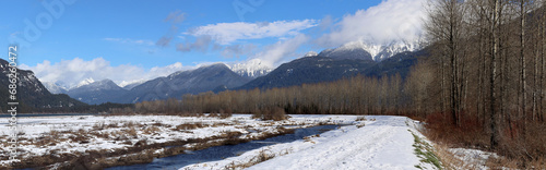 Winter panorama of river valley between mountains