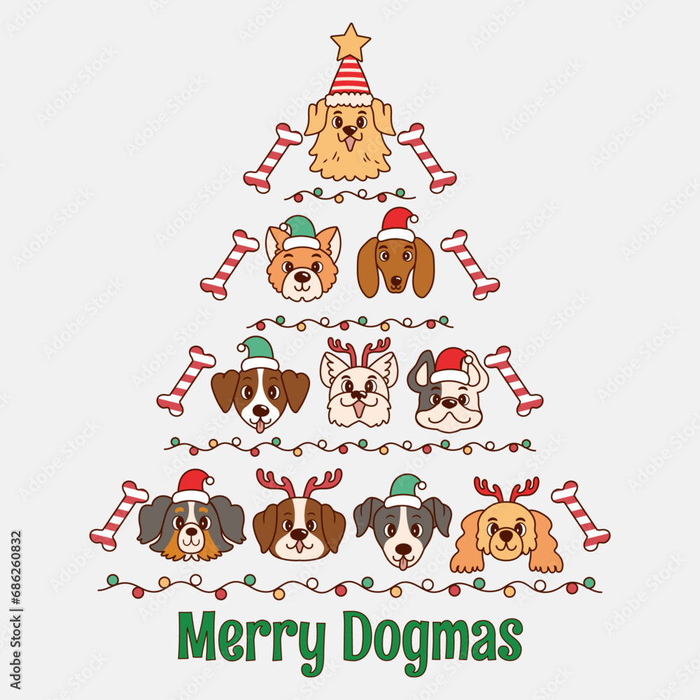 cute dogs with christmas tree illustration, christmas tree with dogs, christmas tree with dogs 