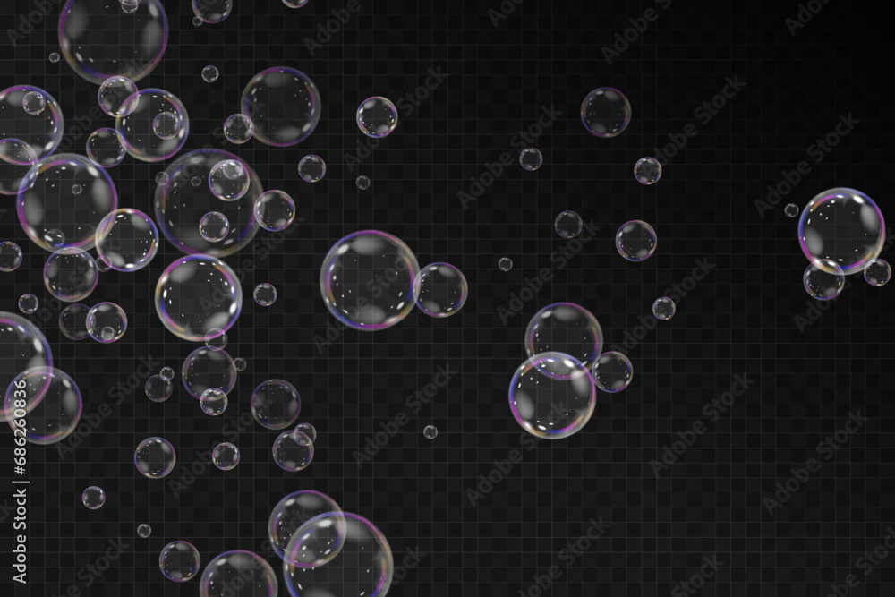Realistic soap vector bubbles png isolated on transparent background. The effect of falling and flying bubbles. Glass bubble effect.