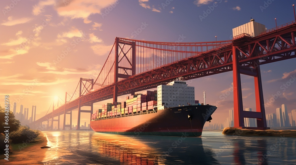 Container Ship Beneath Bridge - obrazy, fototapety, plakaty 