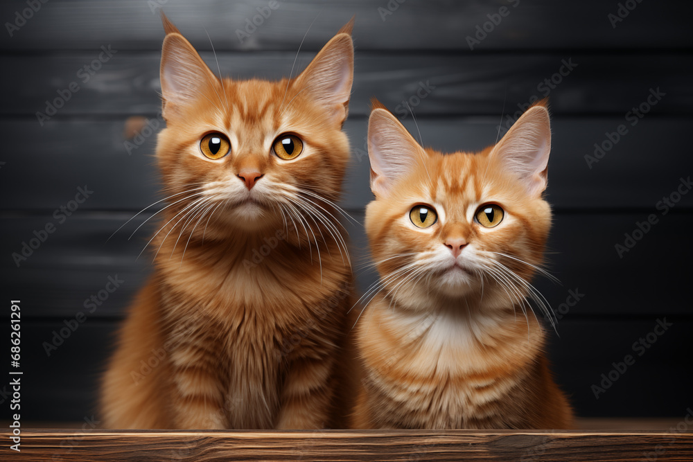 Two ginger cats sit next to each other on black Two ginger cats sit next to each other on black