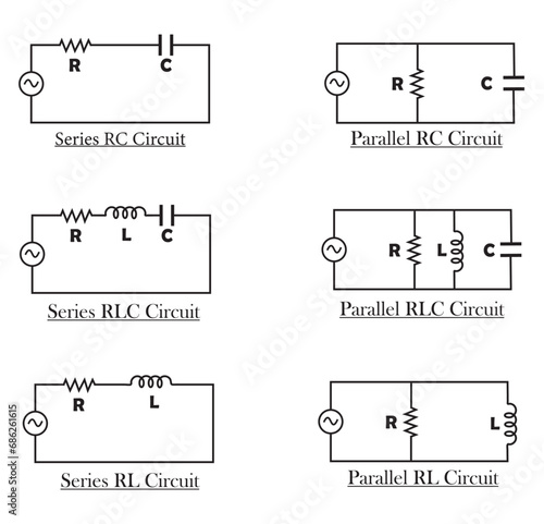 Different types of electric circuit diagram (RC, RLC and RLC). vector illustration.