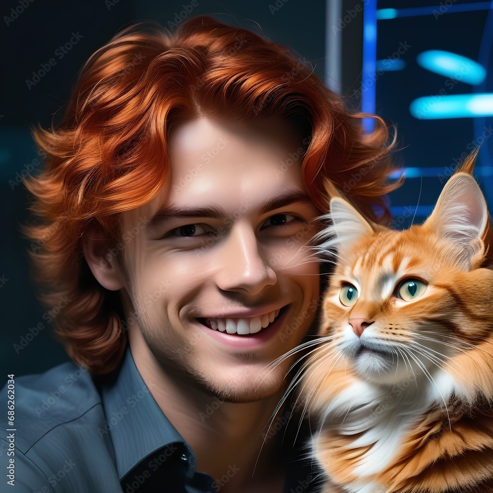 A young red-haired man with a ginger cat. AI