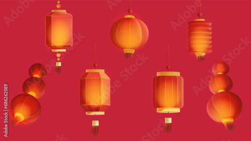Vector hand painted red lantern collection