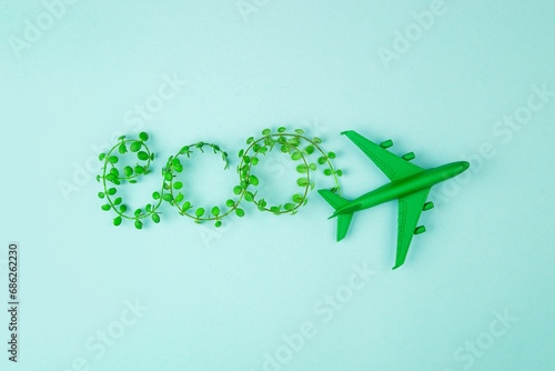 Eco aviation flight - green plane. Sustainability concept.
