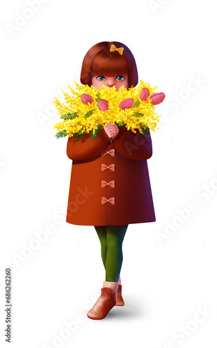 Girl with a bouquet of mimosa and tulips