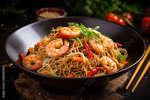 Stir fry noodles, pepper, asparagus, and prawns in a stylish black bowl. Culinary perfection