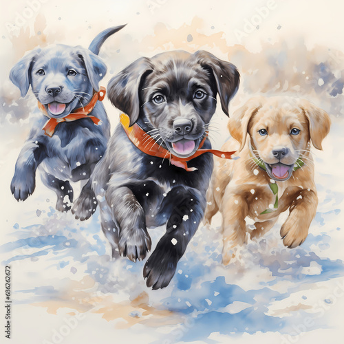 Flat coated black  silver  and golden labrador retriever dog breed puppies happily running and playing in snowy winter