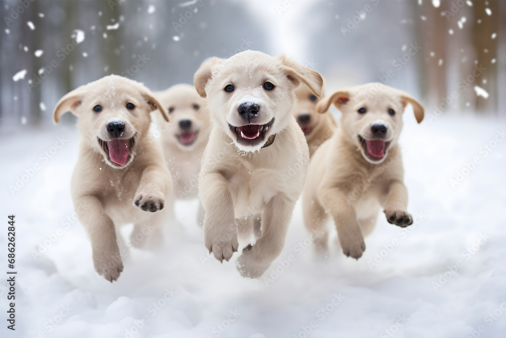Group of young adorable golden labrador retriever dog breed puppies running through snowy forest paths in nature