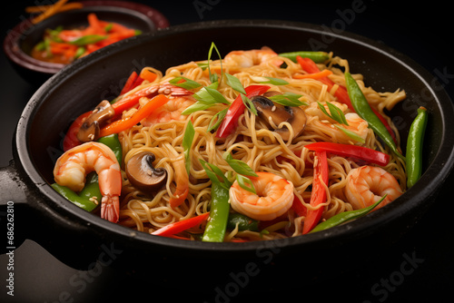 Stir fry noodles, pepper, asparagus, and prawns in a black frying pan. Culinary perfection