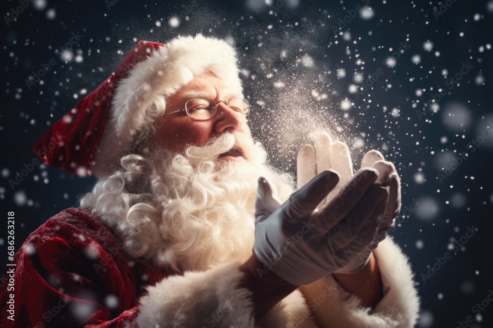A man dressed as Santa Claus blowing snow in the air. Perfect for holiday-themed designs and advertisements A man dressed as Santa Claus blowing snow in the air. Perfect for holiday-themed designs and advertisements