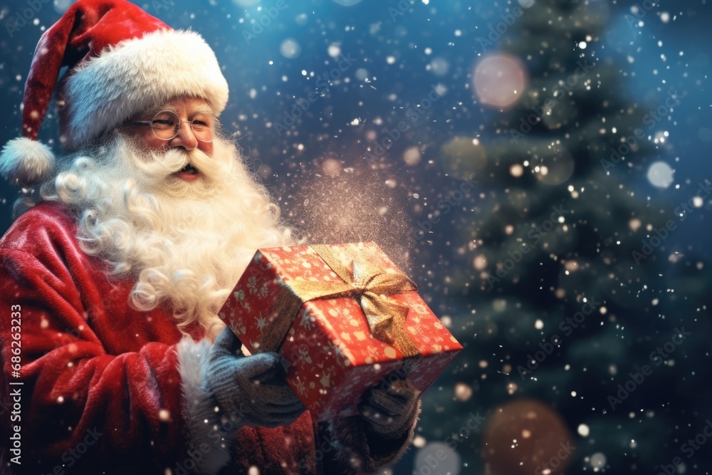 A festive image of Santa Claus holding a present in front of a beautifully decorated Christmas tree. This picture can be used to add a touch of holiday cheer to any project or advertisement A festive image of Santa Claus holding a present in front of a beautifully decorated Christmas tree. This picture can be used to add a touch of holiday cheer to any project or advertisement