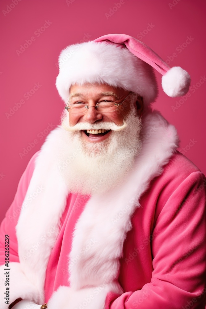 A man wearing a pink Santa suit with a smile on his face. This image can be used for holiday greetings and festive promotions A man wearing a pink Santa suit with a smile on his face. This image can be used for holiday greetings and festive promotions