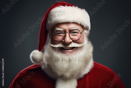 A man dressed in a Santa suit wearing a fake moustache. Perfect for holiday events and festive celebrations