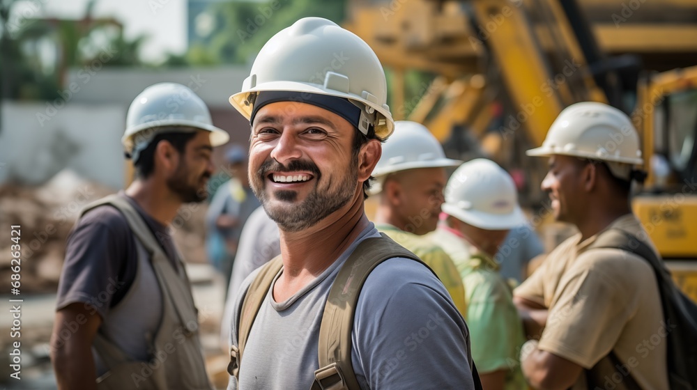 Cheerful construction worker male middle aged man outdoors in protective white helmet outdoors in construction industry Cheerful construction worker male middle aged man outdoors in protective white helmet outdoors in construction industry