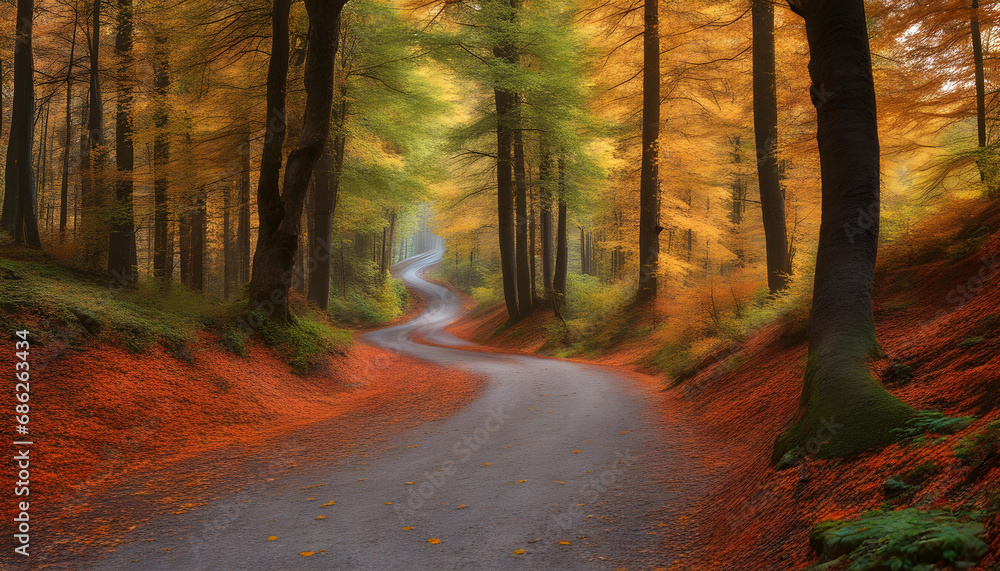 Colorful trees and footpath road in autumn landscape in deep forest.