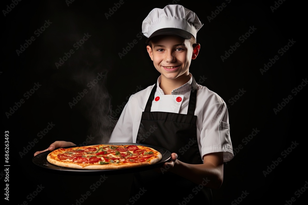 Happy Caucasian Little Man Holding A Pizza Tray, Posing On A black Background. A Lover Of Junk Food Eats Italian Pizza Happy Caucasian Little Man Holding A Pizza Tray, Posing On A black Background. A Lover Of Junk Food Eats Italian Pizza